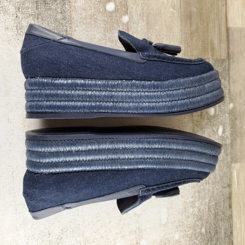 Franco Sarto Tremont Womens Platform Loafers Shoes Sz 7.5 M Denim Sabric Tassel